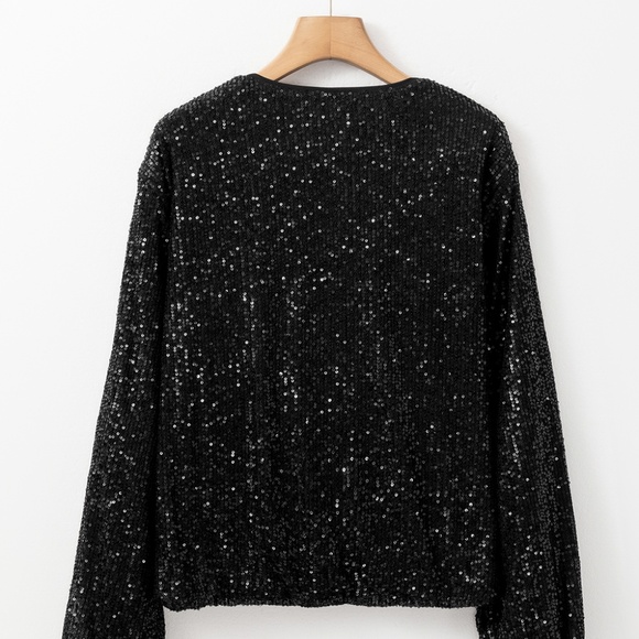 Black Sequin Zip up Round Neck Long Sleeve Jacket - Picture 9 of 16